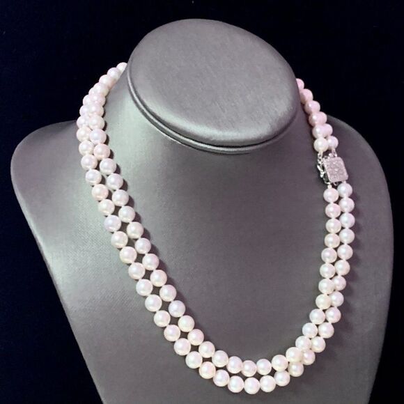 Diamond Akoya Pearl 2-Strand Necklace 14k Gold 18" 7.5mm Certified $9,750 116393 - Picture 2 of 11